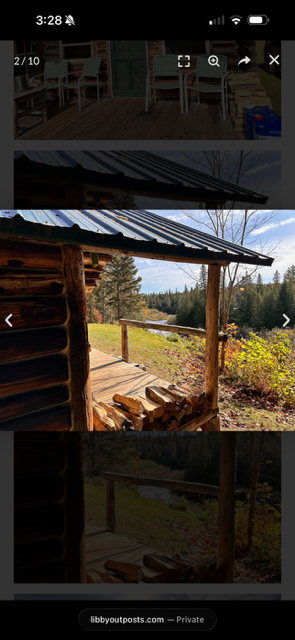 Cabin porch overlooking the stream and North Woods
