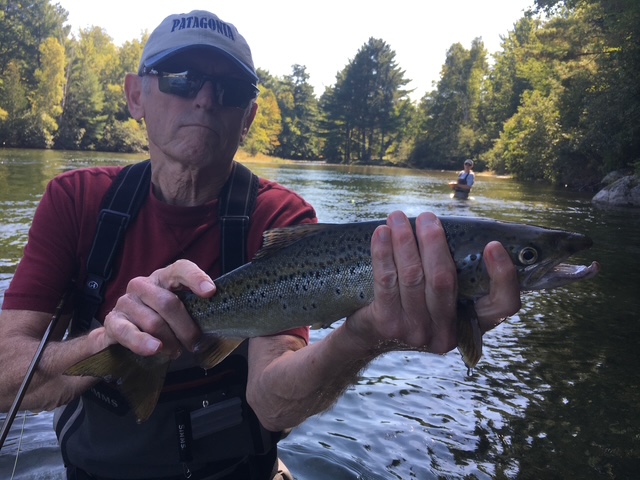 Angler on Grand Lake Stream with a salmon in the net